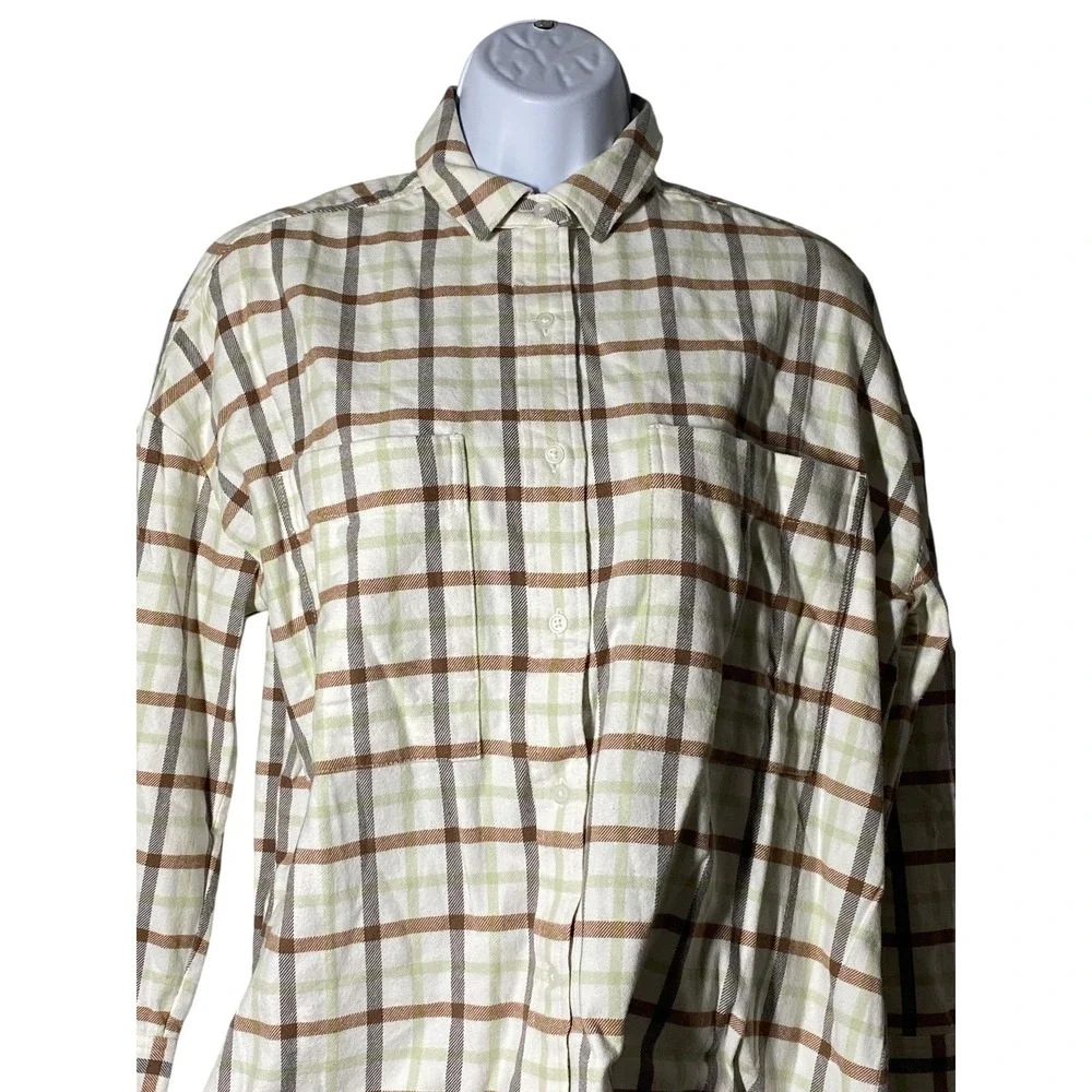 Everlane Womens Relaxed Cotton Flannel Plaid Button Down Shirt‎ S Brown Green